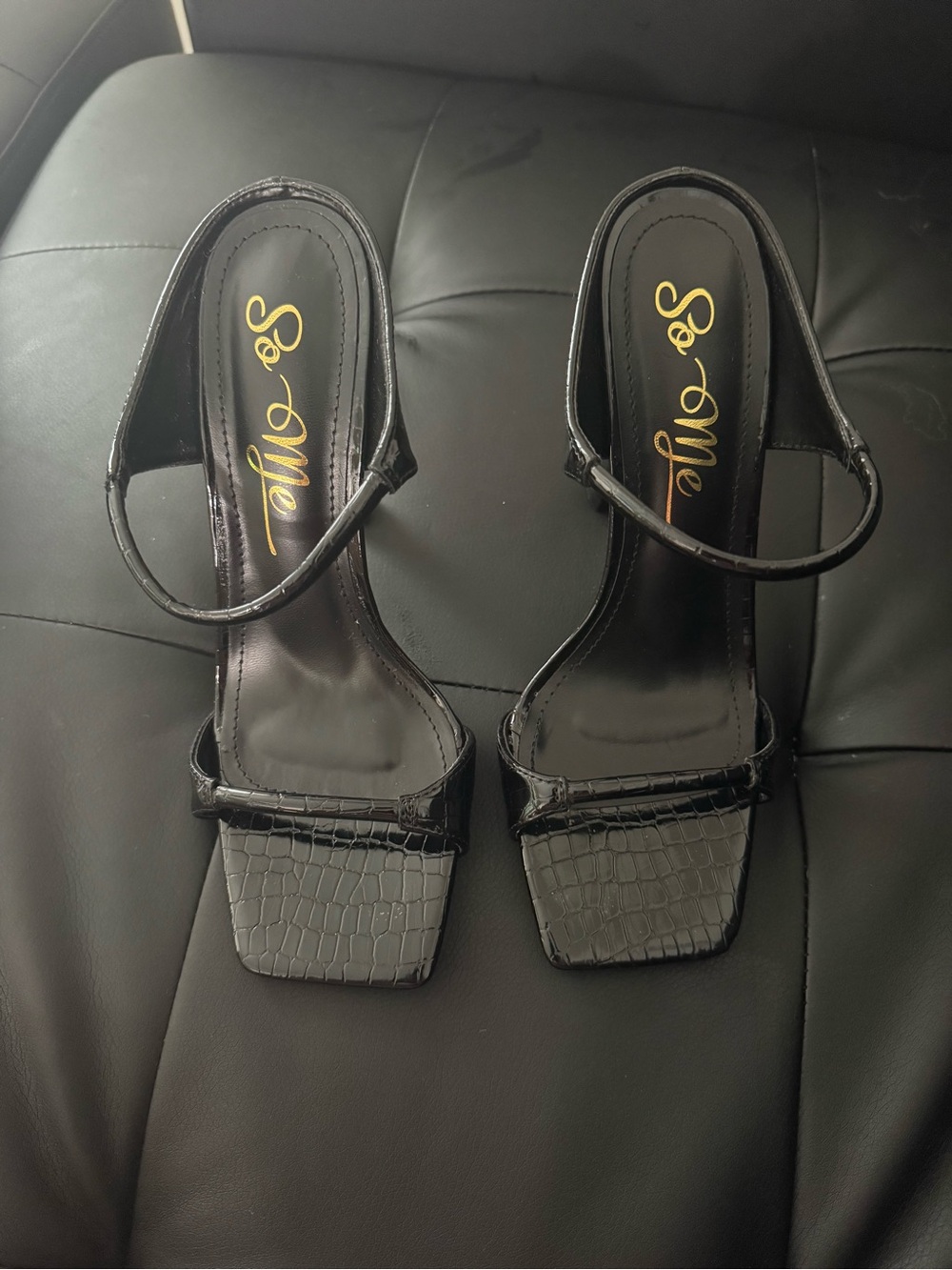 So Me Black Croc-Embossed Square-Toe Strap Heels